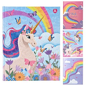 Caderno Brochura 80 folhas Capa Dura Unicórnio Arc-en-Ciel 2027 com Adesivos Animativa