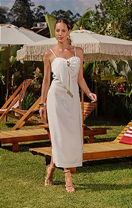 Vestido Tubo Branco Midi com Detalhe em Metal - Via Sampa