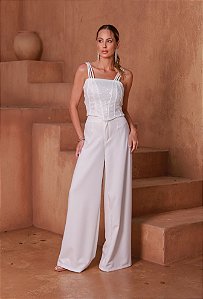 Conjunto Feminino Branco Calça e Cropped Paetê Estruturado - Via Sampa