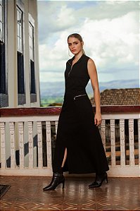 Conjunto Blusa e Saia Preta de Malha com Zíper - Via Sampa