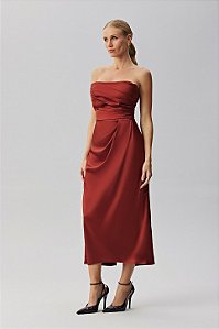 Vestido Feminino Midi Cetim Decote com Pregas - Meia Loka
