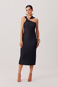 Vestido Midi Assimétrico Preto com Aviamento - Meia Loka