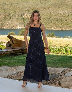 Vestido Midi Feminino Bordado com Pregas - Via Sampa