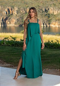 Vestido Longo Verde com Sobreposição - Via Sampa