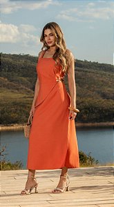 Vestido Midi Coral Detalhes Acrílico Via Sampa