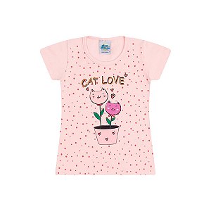 Blusa em cotton cor rosa bebê com glitter na estampa cat love