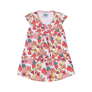 Vestido em crepe bolinha cor laranja com estampa de frutas