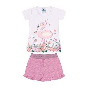 Conjunto cores branco e babaloo estampa e flamingo com aplique