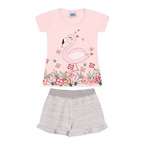 Conjunto cores rosa bebê e mescla estampa de flamingo com aplique