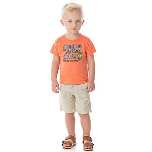 Camisa em meia malha cor tangerine com puff na estampa de girafa