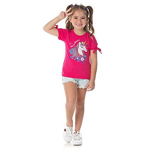 Blusa em cotton cor pink com glitter na estampa de unicórnio