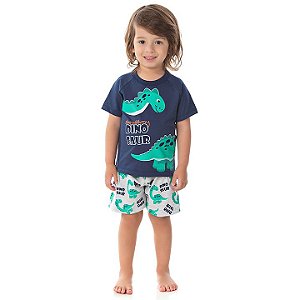 Pijama masculino meia malha brilha escuro marinho e mescla banana