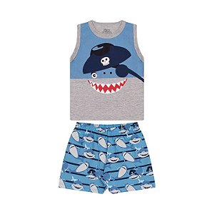 Pijama masculino meia malha brilha escuro cor mescla e azul pavão