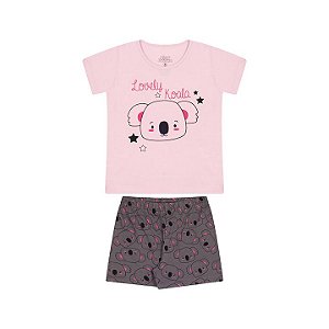 Pijama feminino meia malha brilha escuro rosa bebê e cinza escuro