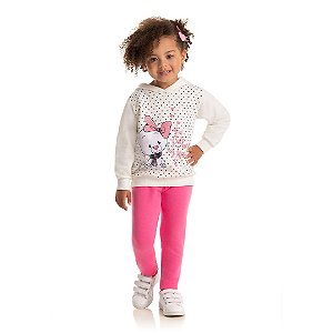 Conjunto feminino moletom e molecotton, estampa de gatinha com glitter