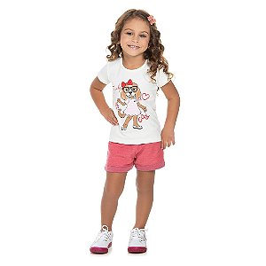 Conjunto feminino em cotton e moletinho flamê, estampa cachorrinha