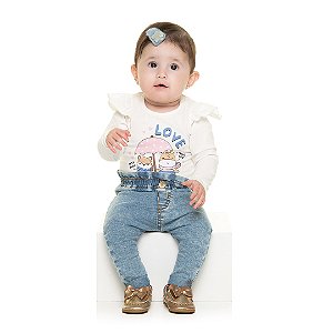 Blusa infantil feminina manga comprida em cotton com babado com estampa