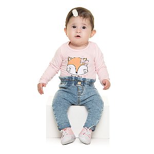 Blusa infantil bebê em cotton com glitter na estampa de raposa