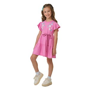 Vestido feminino em meia malha, com puff efeito bordado na estampa
