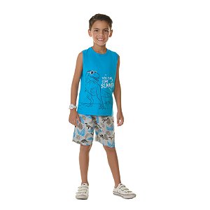 Conjunto regata masculina dinossauro, meia malha e moletinho