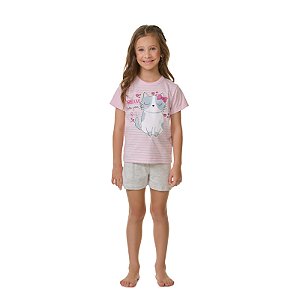Pijama feminino em maia malha, com estampa de gatinha