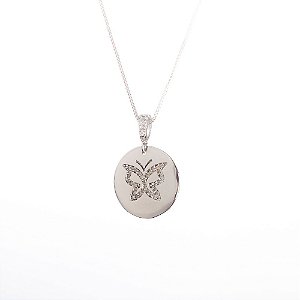 Colar em cor de banho de ródio branco pingente medalha borboleta cravejado em zircônias cor cristal - Exclusivo MiLumina