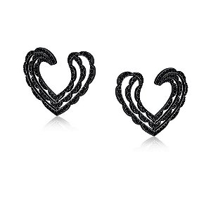 Brinco cor de banho de ródio negro coração maxi com micro cravação de zircônias negras