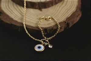 PULSEIRA CORDA FOLHEADA A OURO 18K OLHO GREGO
