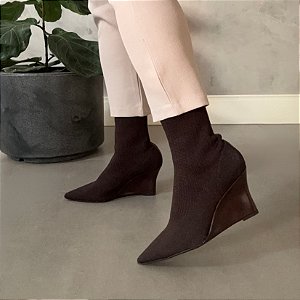 Bota Meia Sorata Salto Alto Anabela Malha Bico Fino Tendência