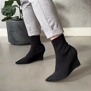 Bota Meia Sorata Salto Alto Anabela Malha Bico Fino Tendência