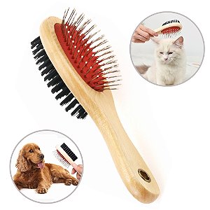 Escova Pet Dupla 2 em 1 Para Cachorro e Gato Com Cabo de Madeira