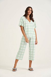Pijama Manga Curta Verde Vichy com Botões