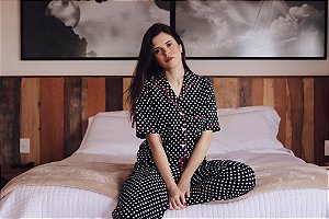 Pijama Preto Poá Calça e Manga Curta