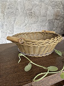 Cesta De Pão Redonda Jurerê Caramelo- Vime Sintético C/Alça de Bambu P