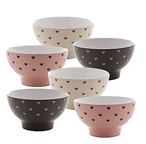 Conjunto 6 Bowls Cerâmica Coração Sortidos