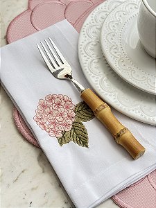 Guardanapo Bordado Hortênsia Rosa Tecido Branco