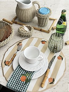 Jogo Americano Redondo Listrado Citrus Bege Impermeável