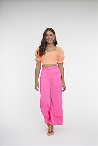 Calça Wide Leg Rosa Fluor Bobbyluu