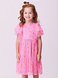 Vestido Infantil Tule Cereja Rosa Neon Momi