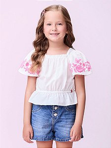 Blusa Infantil Tricoline Off Mangas Rosas Momi