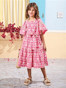 Vestido Infantil Pink Com Rosas Anime
