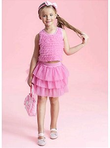 Saia Infantil Com Babados Tule Rosa Pituchinhus