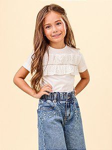 Blusa Infantil Com Babado Strass Perola Anime