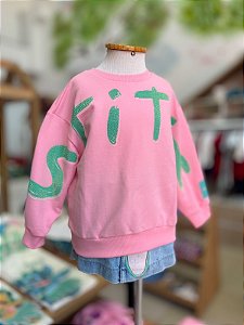 Blusa Moletom Rosa Escrito Stitch Verde Anime