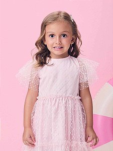 Vestido Infantil Tule Bordado Rosa Momi