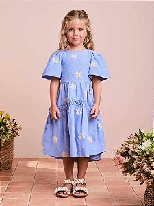 Vestido Infantil Flores Bordada Azul Anime