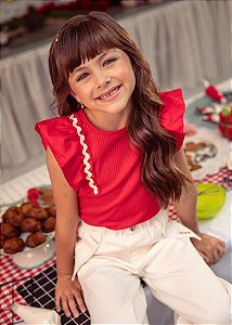 Blusa Canelada Infantil Babado Vermelho Momi