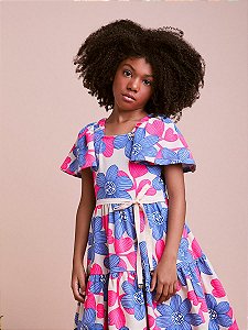 Vestido Infantil Flores Azuis Com Rosa Anime