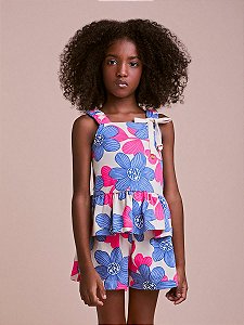 Conjunto Infantil Flores Azuis Com Rosa Anime