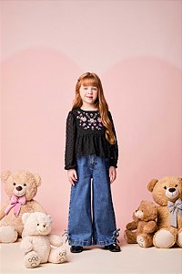 Blusa Infantil Bordado Flores Preto Momi